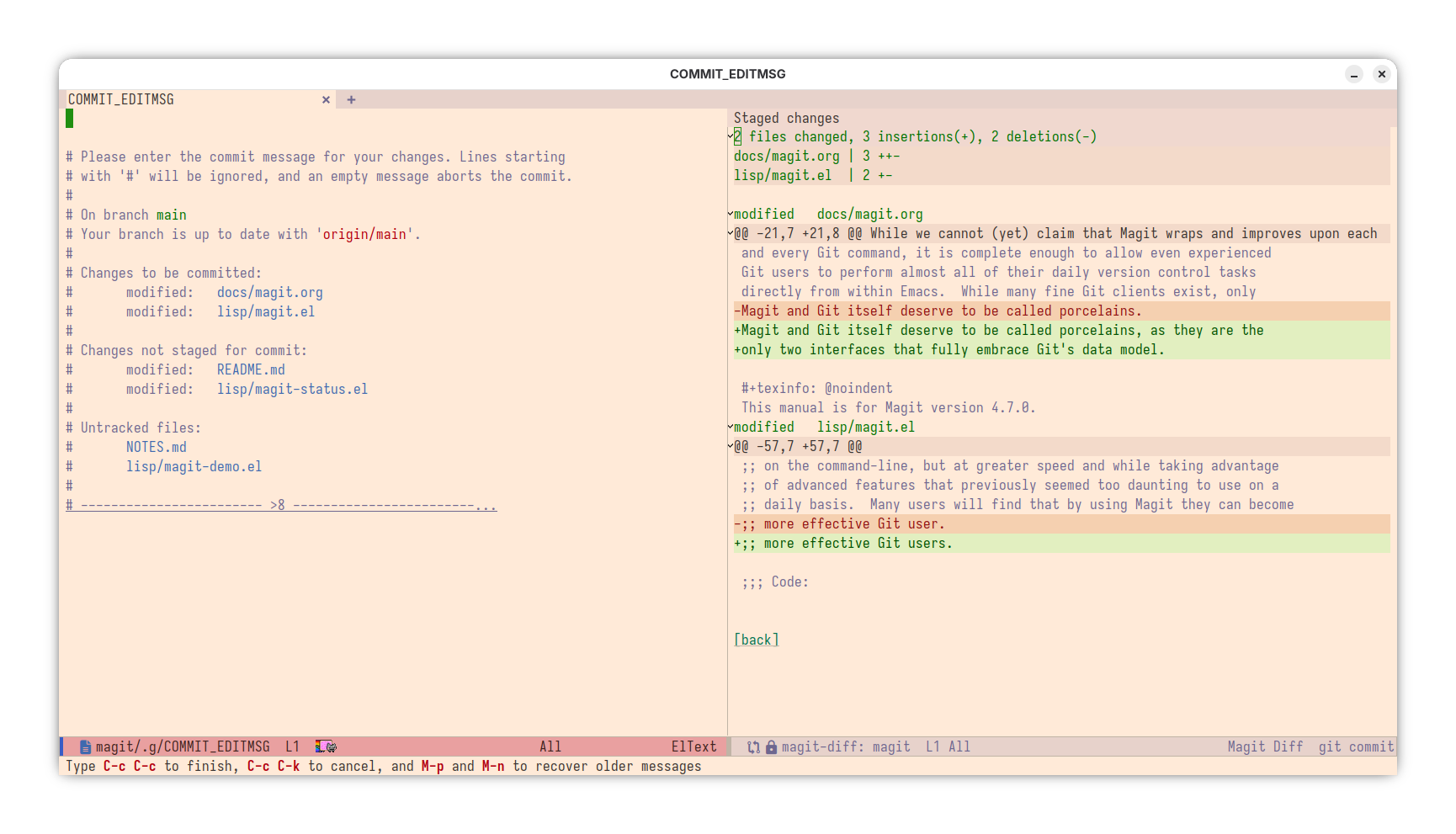 The commit message prompt and the diff of the changes to be committed.
