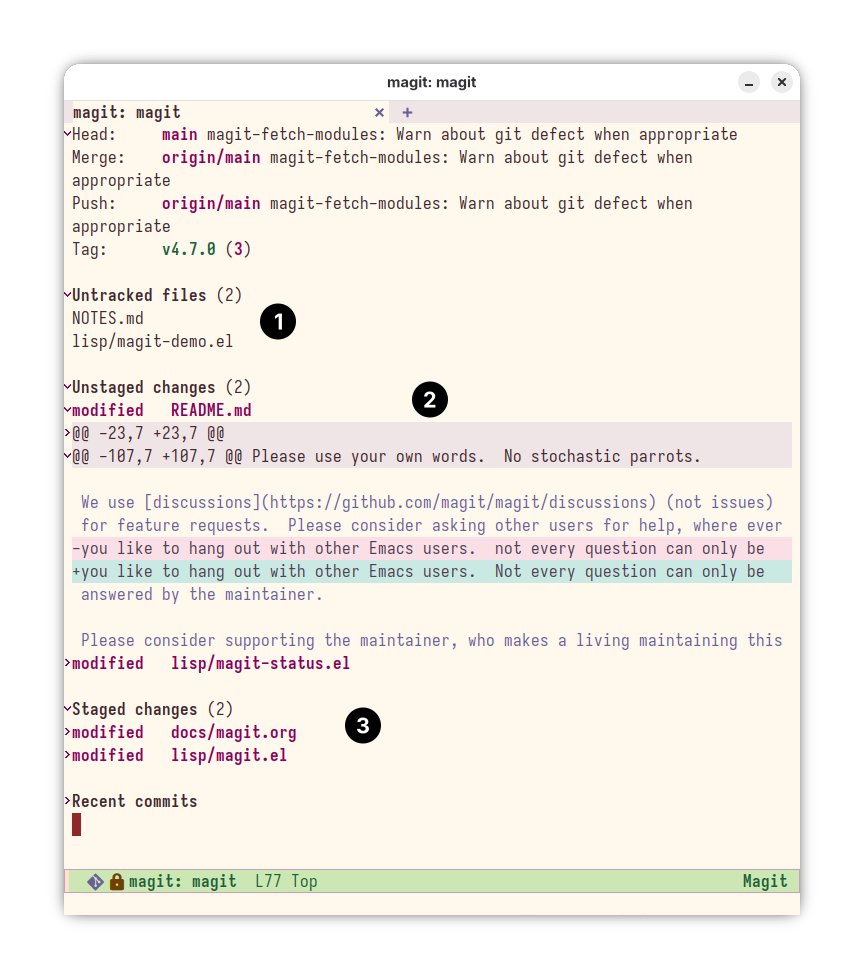 Magit Status interface with more sections visible