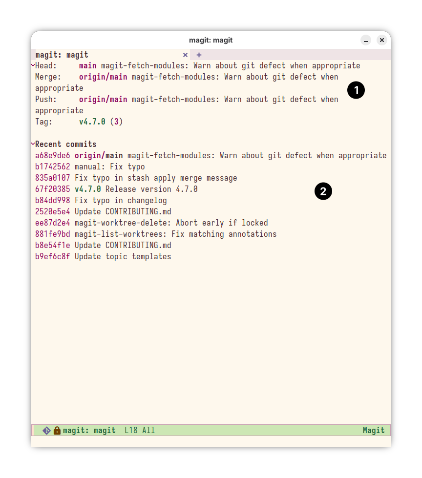 Magit Status interface with recent commits visible